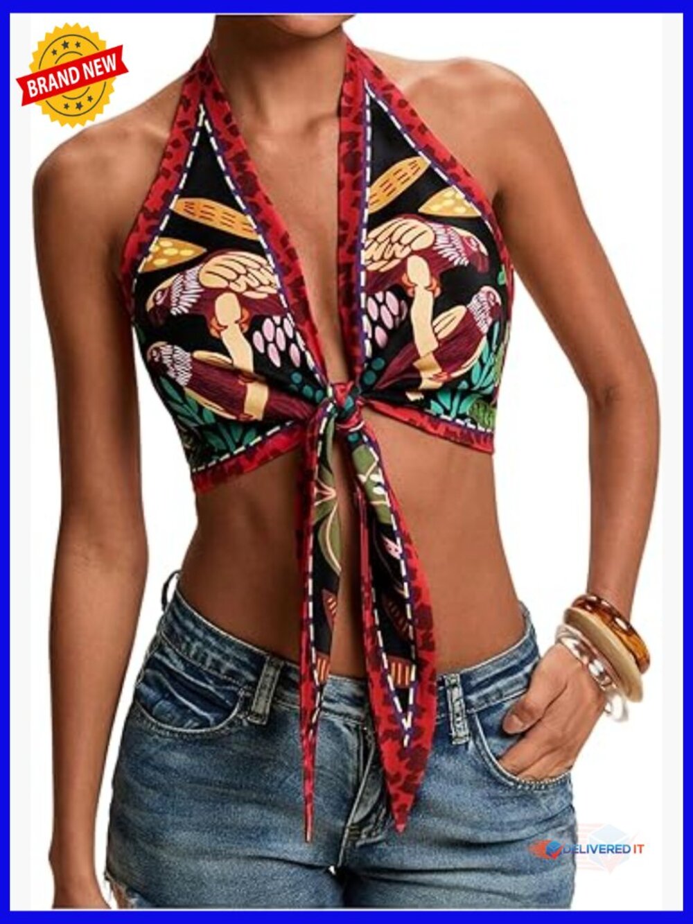 Boho Deep V Halter Crop Top Sleeveless Backless Tie Front Summer